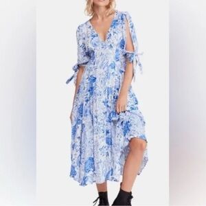 FREE PEOPLE Tropical Blue and White Fit & Flare Midi Dress